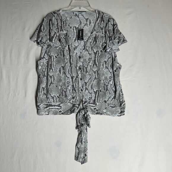 NWT Express Womens Blouse Snake Python Front Tie Ruffled Soft Rayon Top Size L - Picture 5 of 10